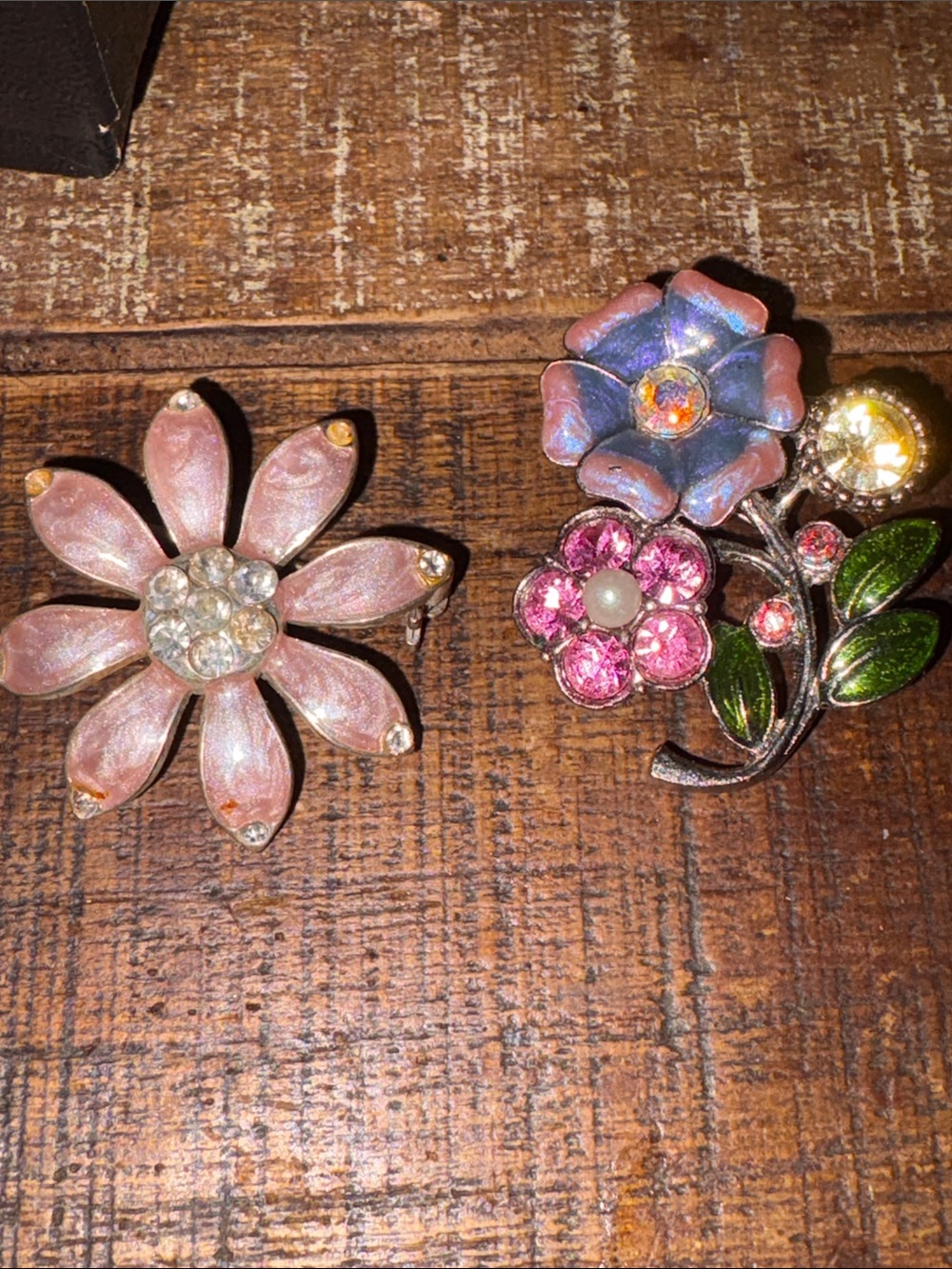Lot of 2 Pink Enamel Floral Brooches - Sparkling Crystal Accents
